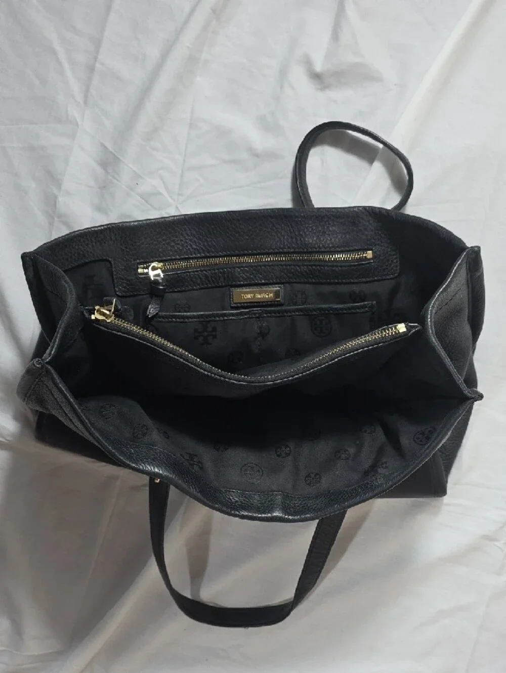 Tory Burch Black Pebbled Leather Double-Handle Tote with Gold Logo Emblem